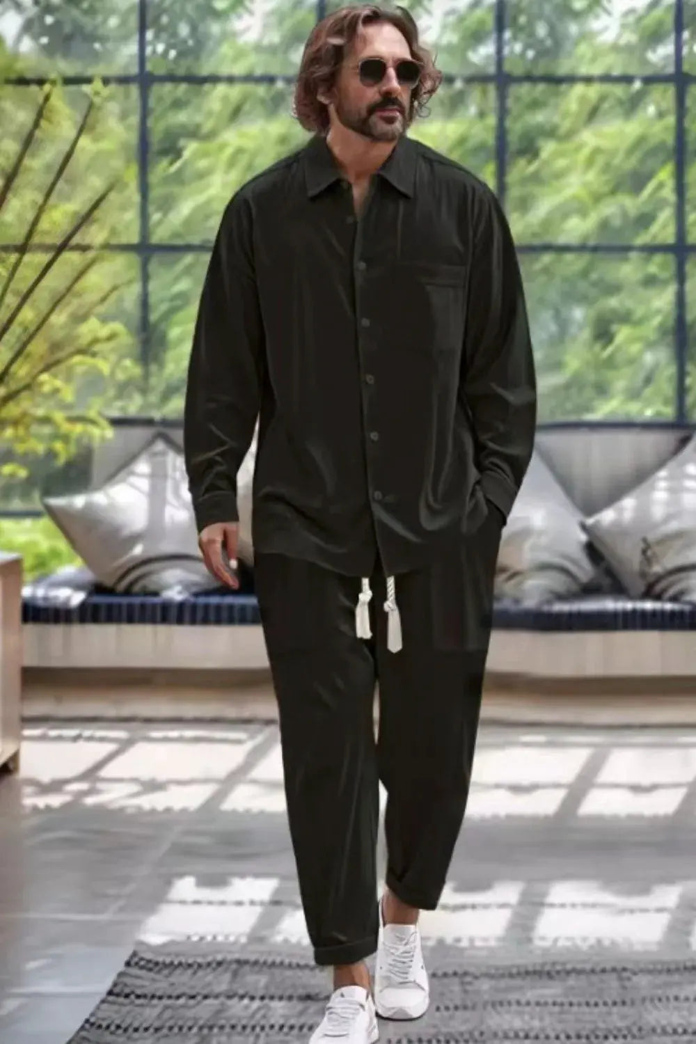 Men's Collared Neck Long Sleeve Top and Pants Set Plus Size by Trendsi