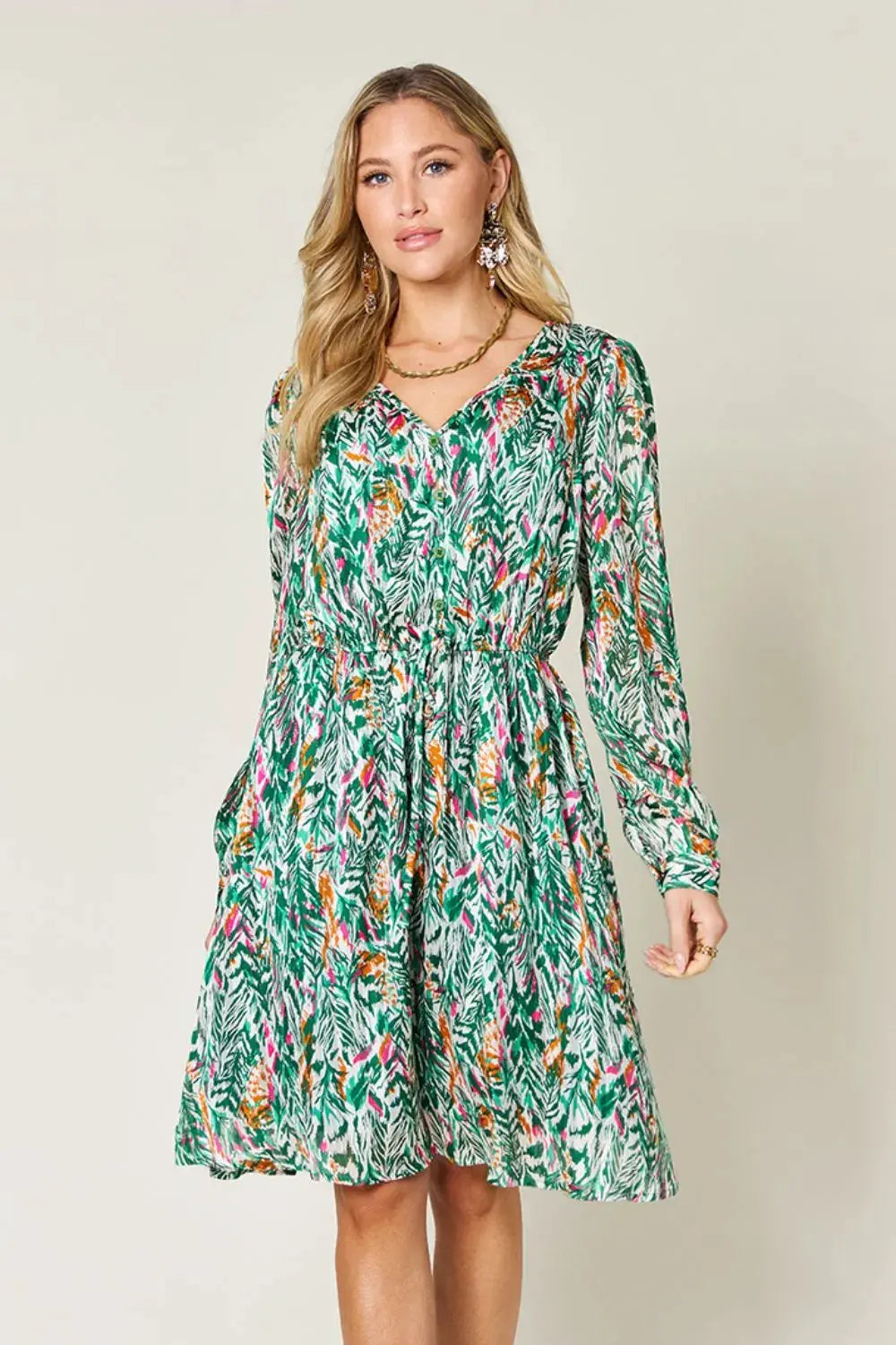 Double Take Full Size Printed Drawstring Waist Long Sleeve Dress by Double Take
