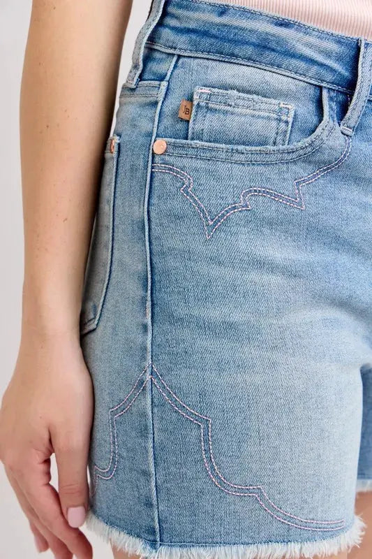 Judy Blue Full Size High Waist Western Embroidery Detail Cut Off Denim Shorts Plus Size by Judy Blue