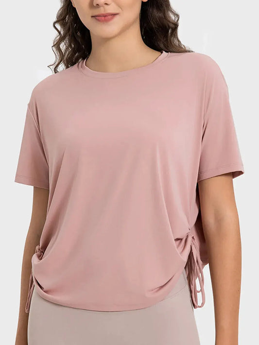 Millennia Drawstring Round Neck Short Sleeve Active T-Shirt by Millennia