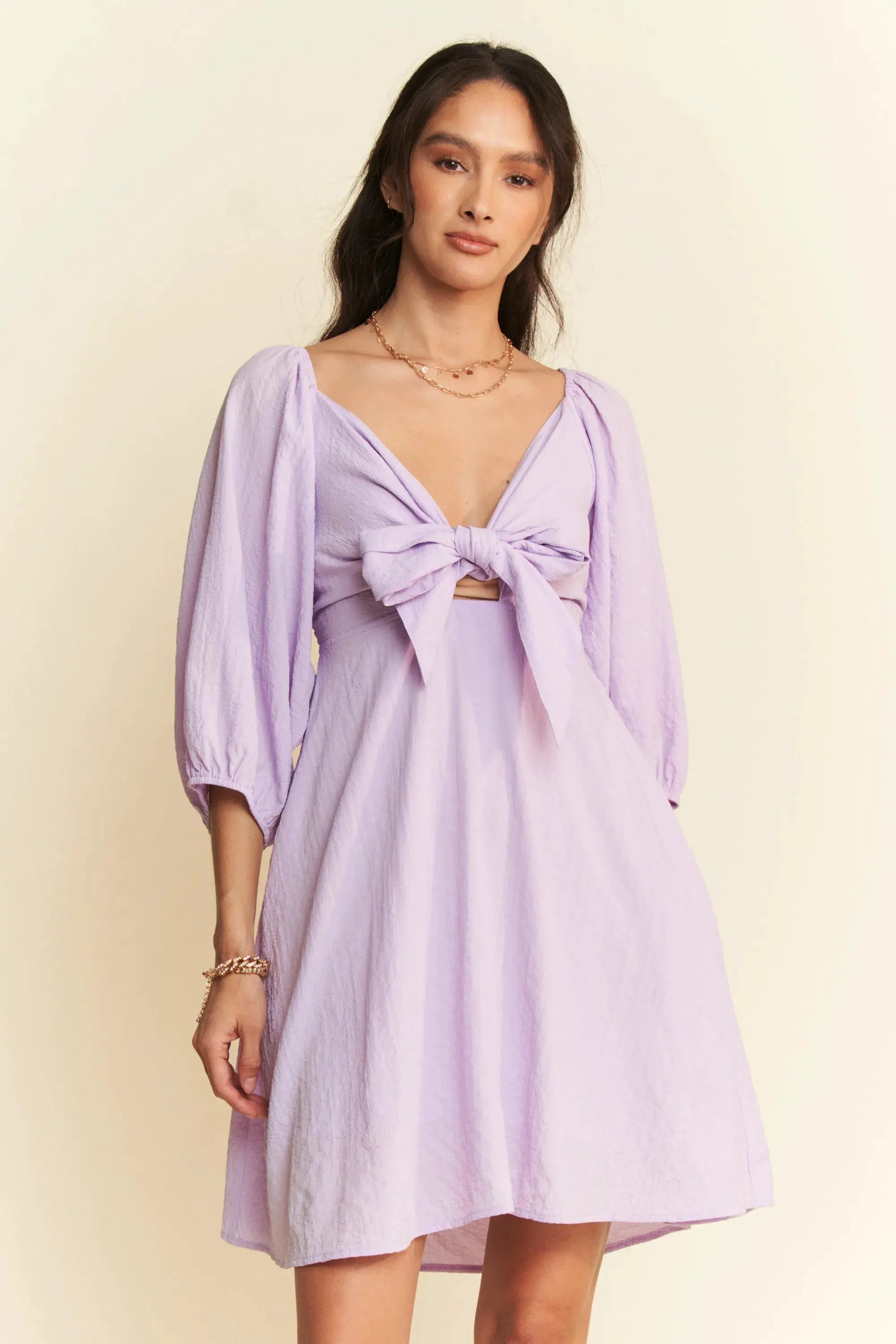 Davi & Dani Self-Tie Puff Sleeve Smocking Open Back Mini Dress by Davi & Dani