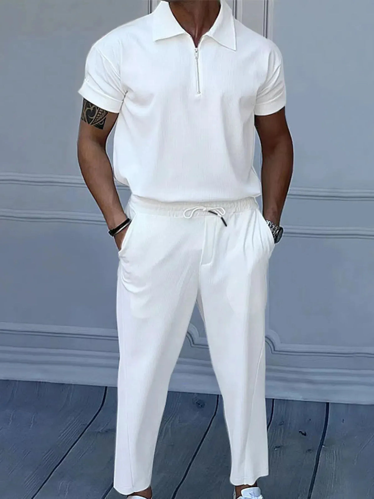 Men's Full Size Quarter Zip Short Sleeve Polo and Pants Set Plus Size by Trendsi