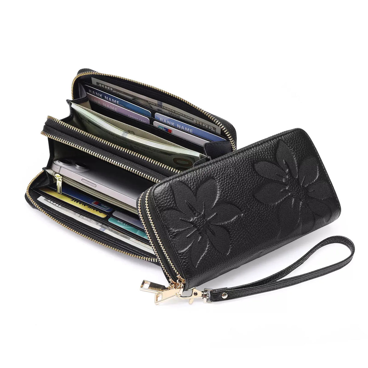 Floral Embossed Leather Zipper Wallet by Partner Label