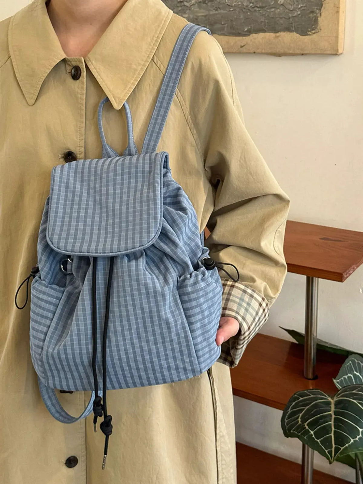 Plaid Drawstring Closure Backpack Bag by Partner Label