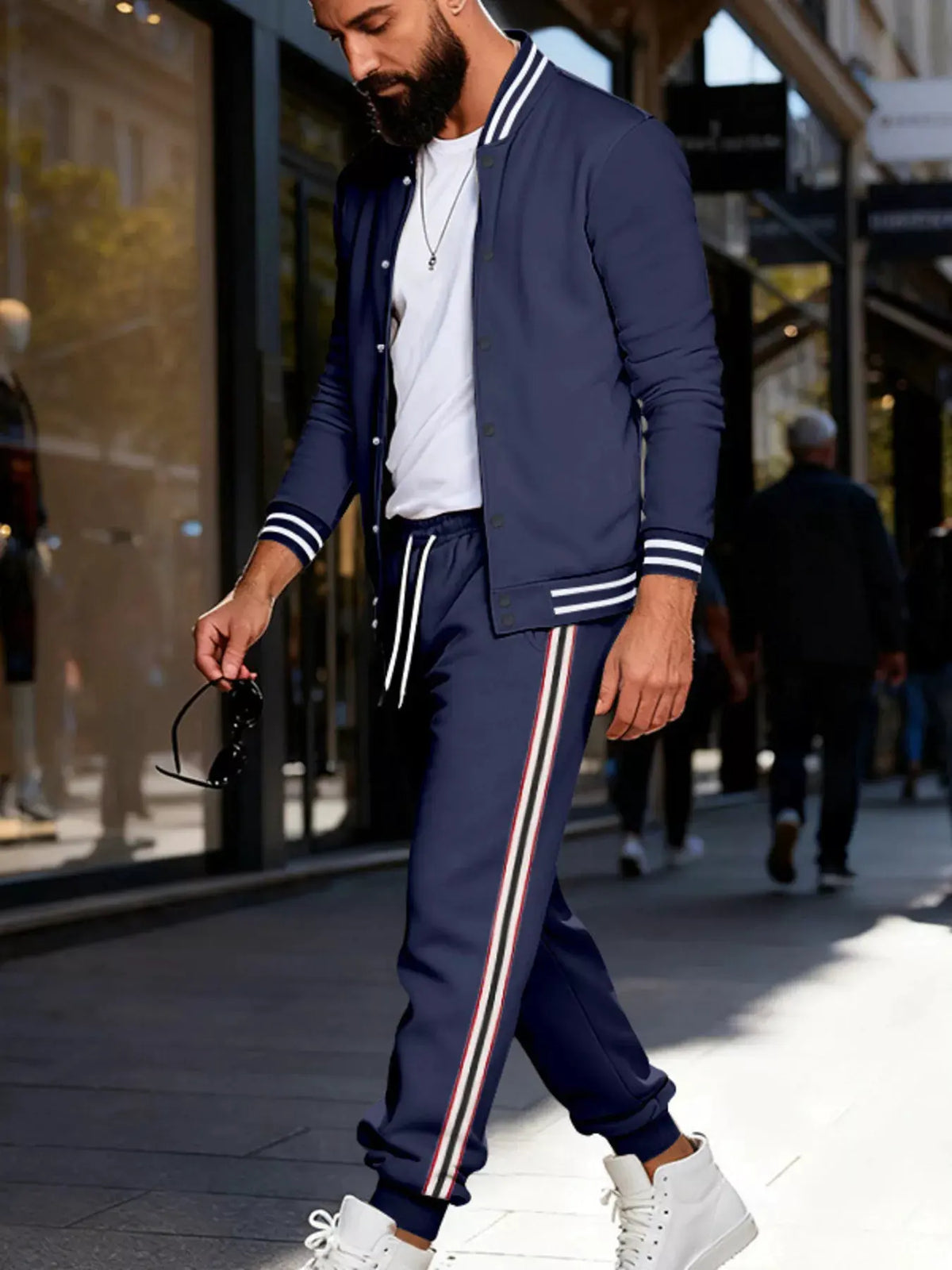 Men's Full Size Striped Snap Down Top and Pants Set Plus Size by Trendsi