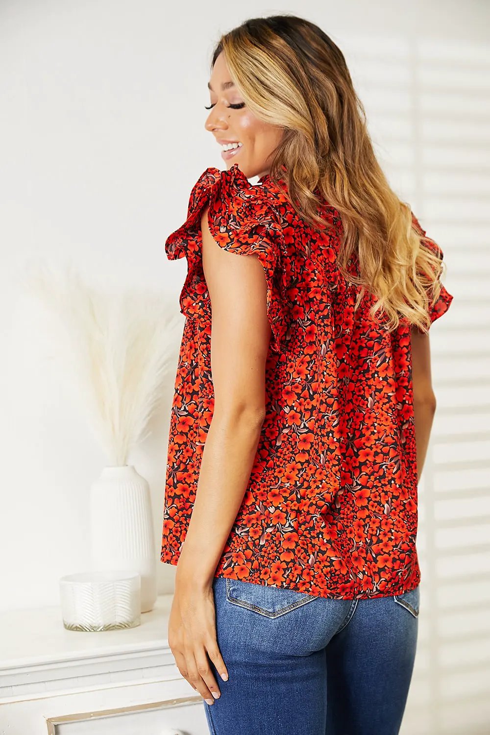 Double Take Floral Flutter Sleeve Notched Neck Blouse by Double Take