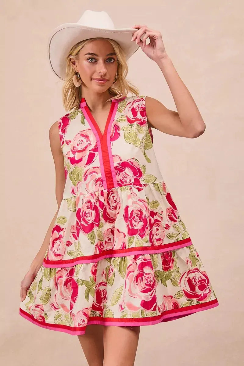 BiBi Floral Woven Contrast Edge Tiered Ruffle Mini Dress by BiBi