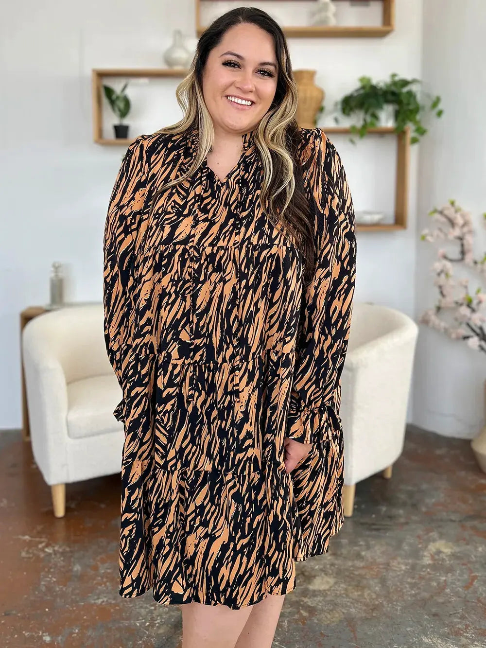 Double Take Full Size Printed Ruffle Hem Long Sleeve Dress by Double Take