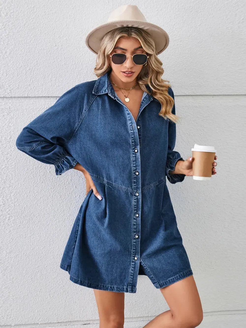 Button Up Flounce Sleeve Mini Denim Dress by Partner Label