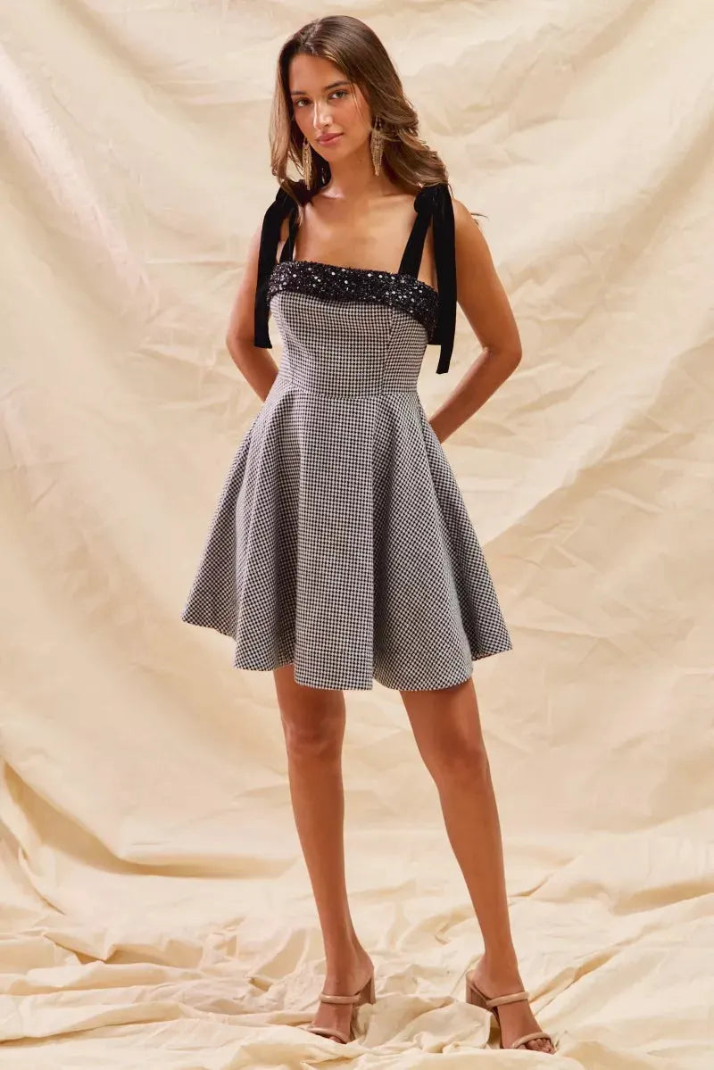SO ME Houndstooth Fit Flare Mini Dress with Shoulder Tie by SO ME