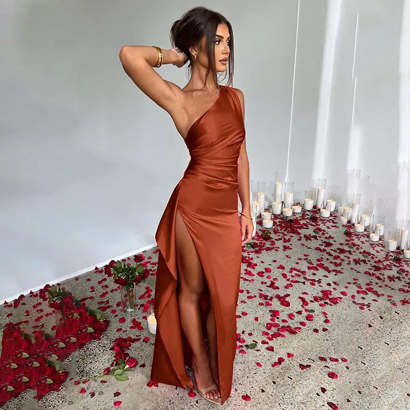Sexy One-shoulder Backless Slit Dress Summer Elegant Slim-fit Solid Color Satin Dresses For Women by Maiden-Art