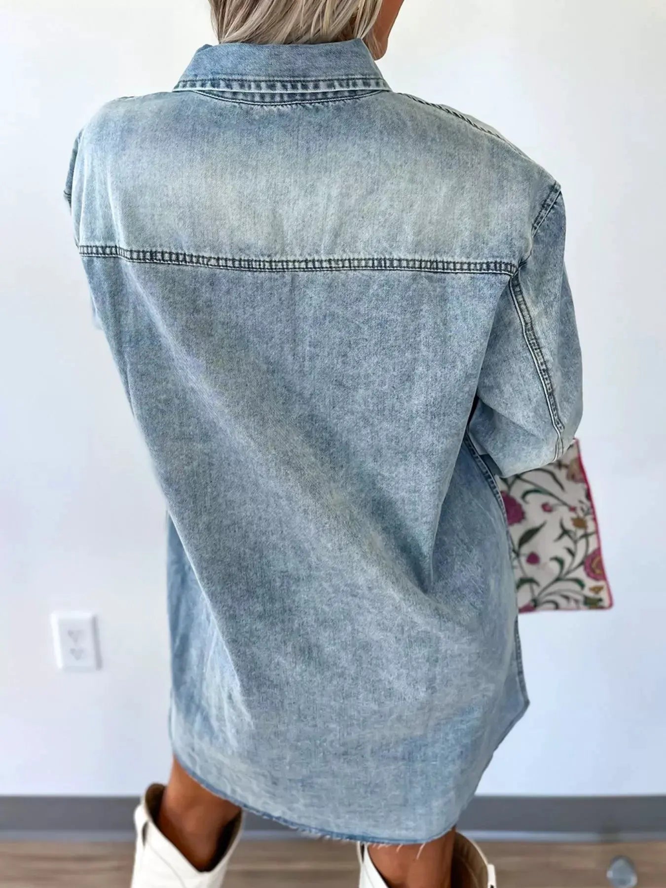 Chest Pocket Raw Hem Denim Loose Shirt Dress by Partner Label