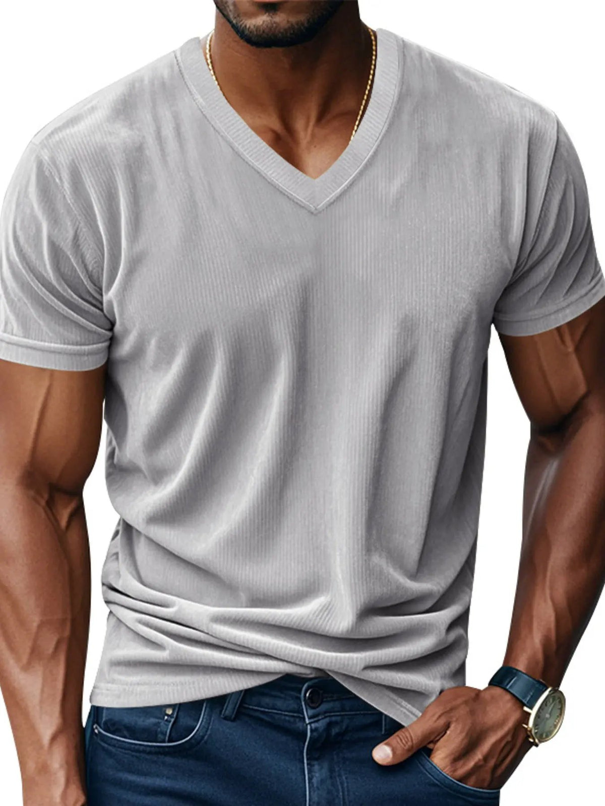 Men's Full Size Ribbed V-Neck T-Shirt Plus Size by Trendsi