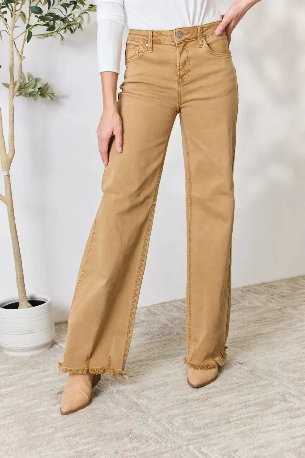 RISEN Full Size Fringe Hem Wide Leg Jeans by RISEN
