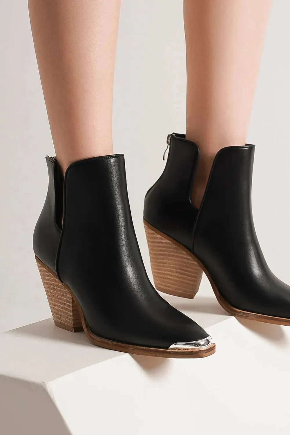 Beast Fashion Pointed Metal-Tip Toe Block Heel Ankle Boots by Beast Fashion