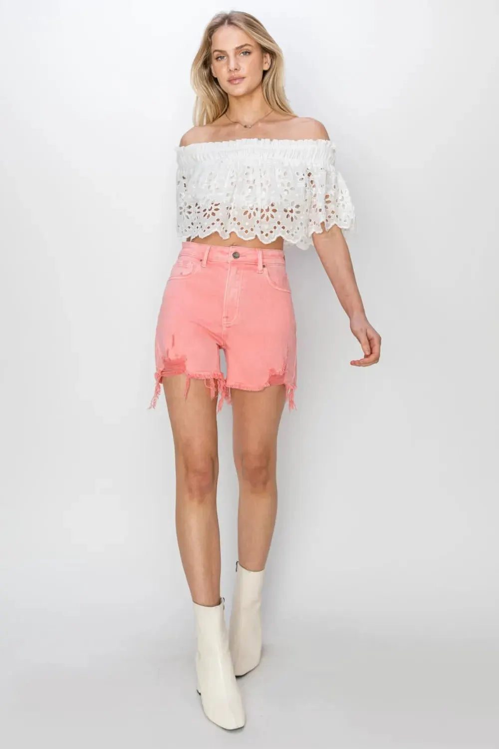 RISEN High Rise Distressed Denim Shorts by RISEN