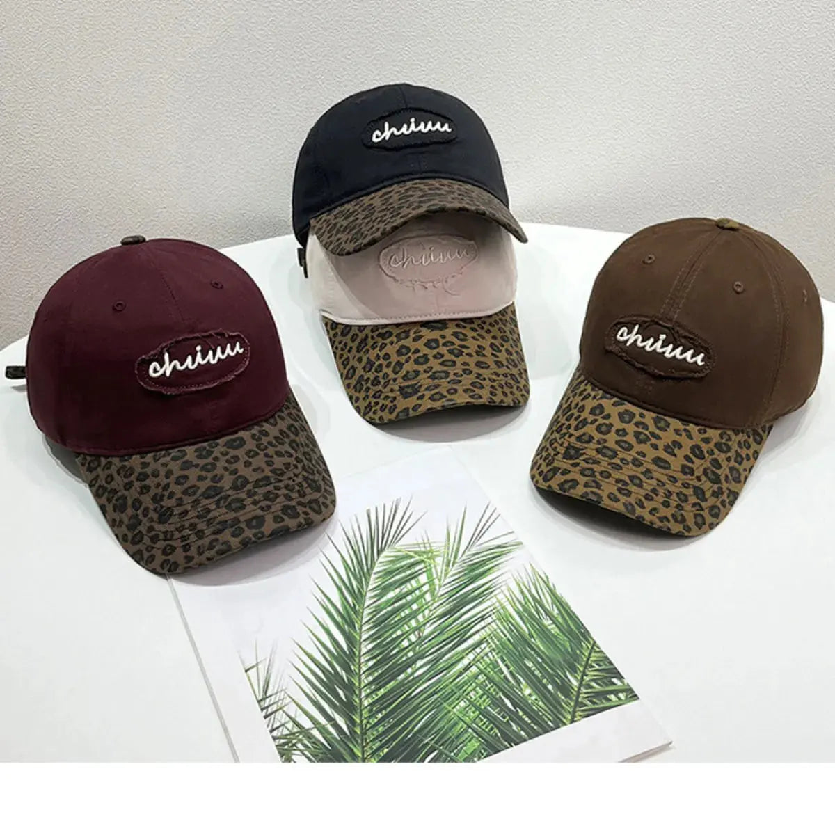 Leopard Print Baseball Cap with Embroidered Letter by Partner Label