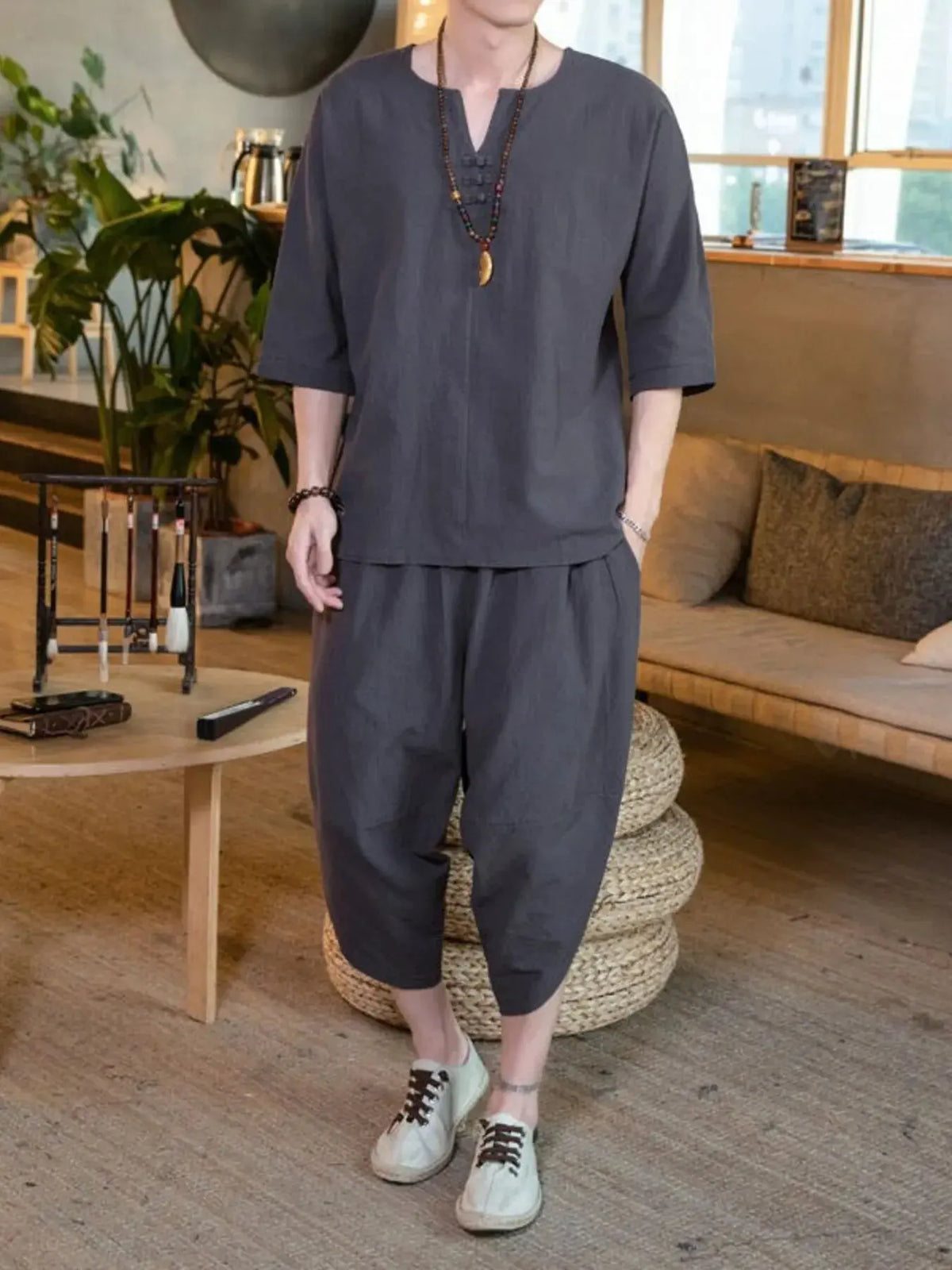 Men's Plus Size Notched Half Sleeve Top and Cropped Pants Set by Partner Label