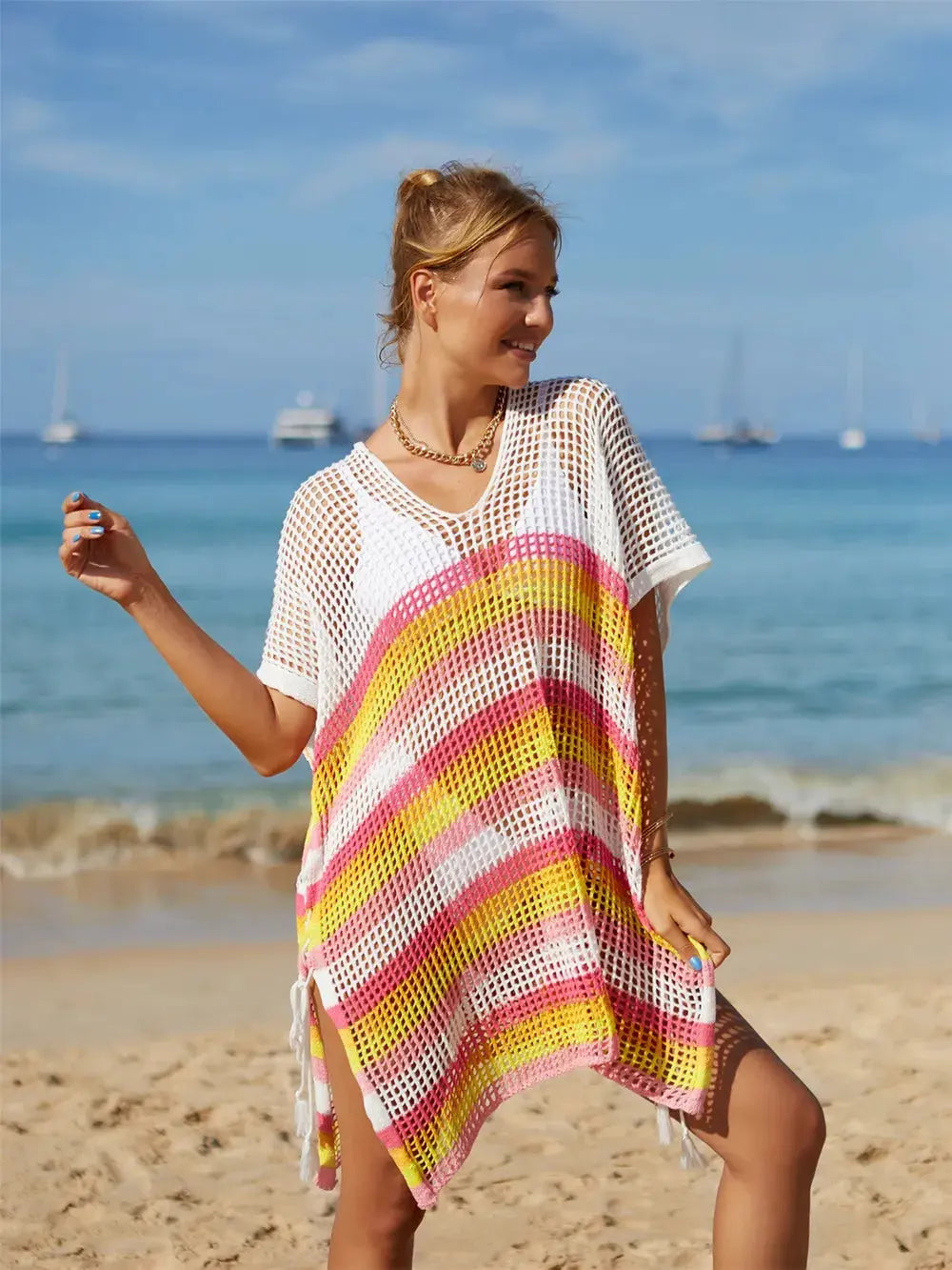 Angel Wings Cutout Striped Cover-Up with Tassel by Partner Labels