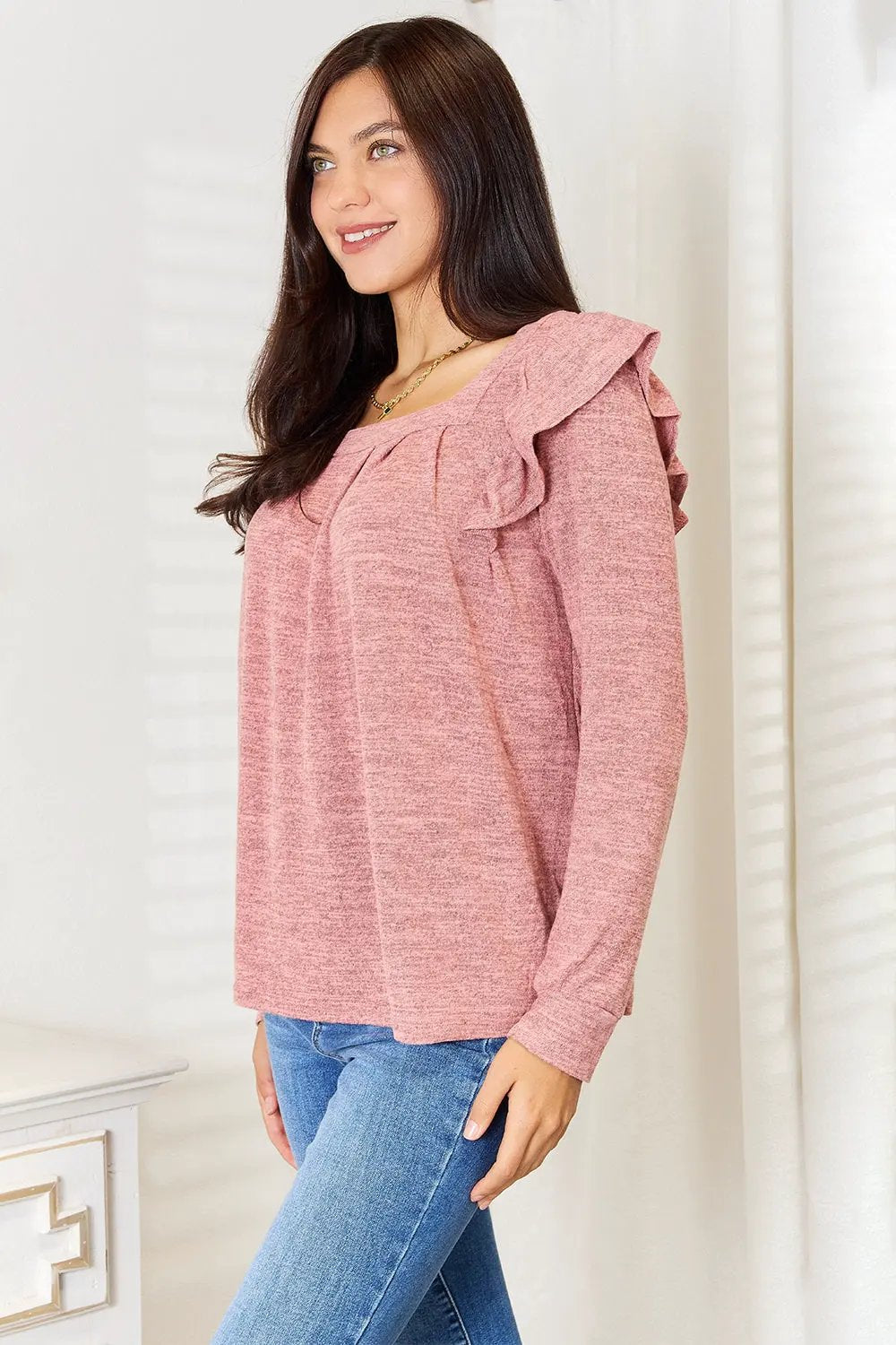 Double Take Square Neck Ruffle Shoulder Long Sleeve T-Shirt by Double Take