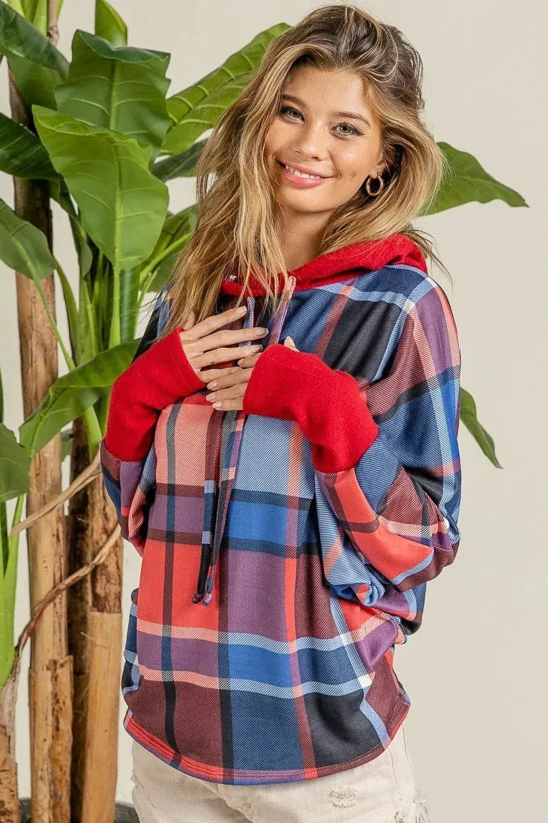 BiBi Plaid Mirr Brushed Rib Contrast Thumb Open Hoodie by BiBi