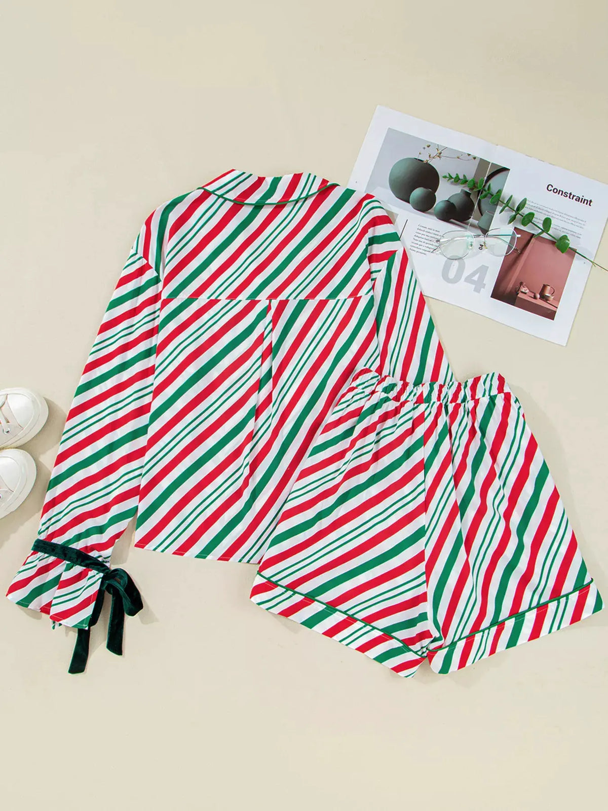 Stripe Contrast Velvet Ribbon Knot Christmas 2pcs Pajama Set by Partner Label