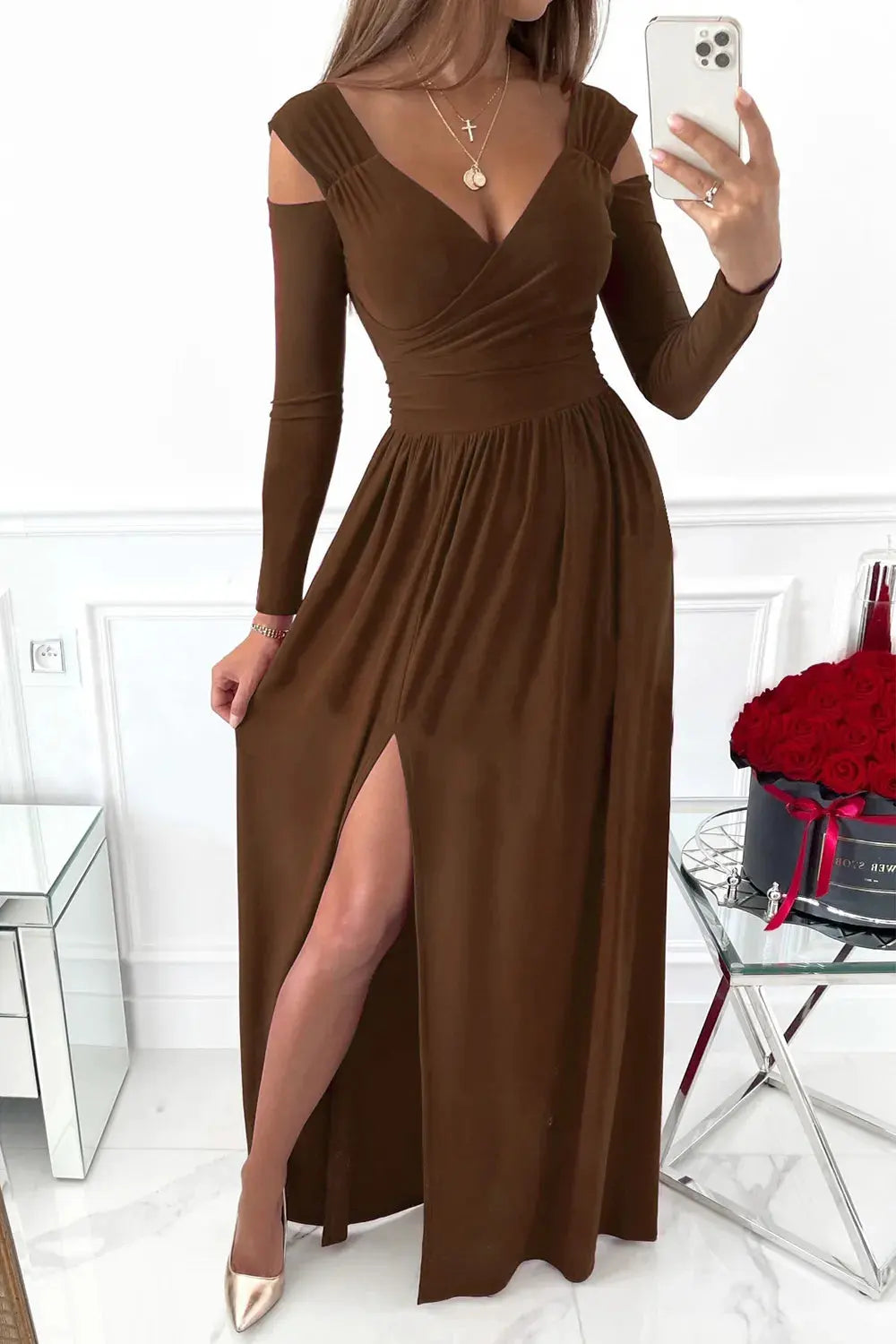 Slit Surplice Long Sleeve Maxi Dress by Partner Label
