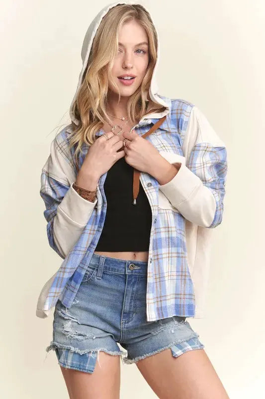ADORA Button Down Plaid Hoodie Shacket by Partner Label