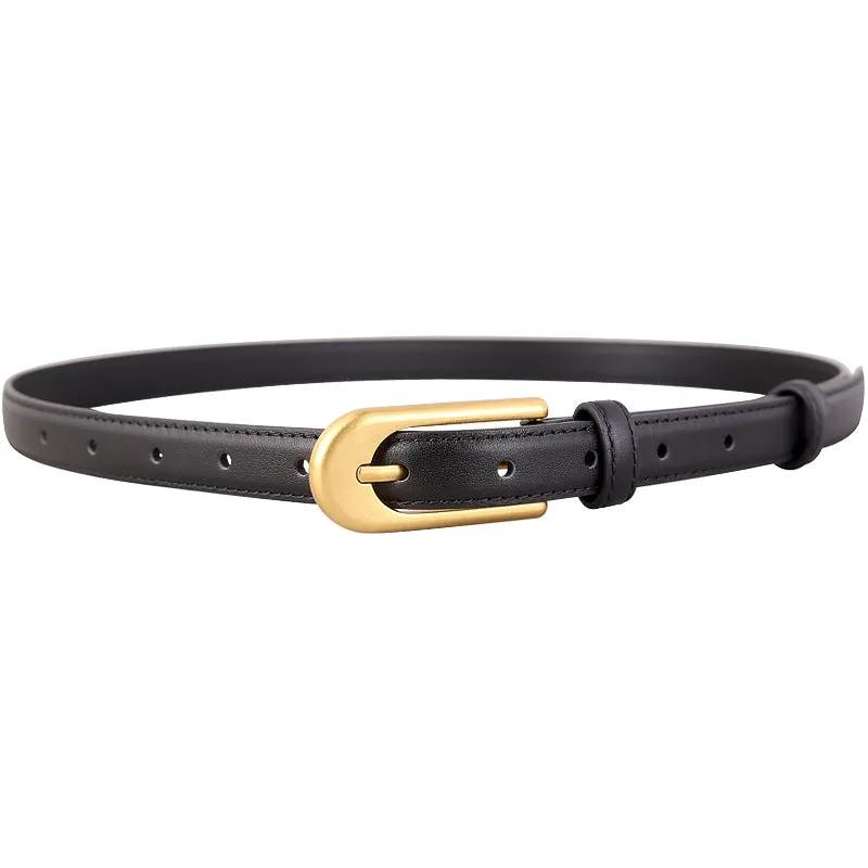 Gold Buckle Skinny Leather Belt by Trendsi