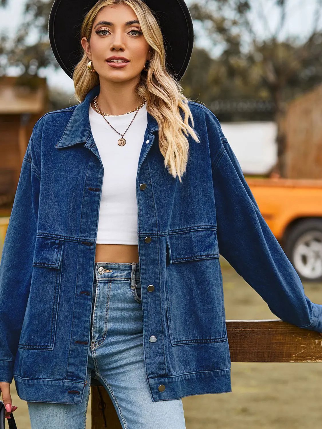 Dropped Shoulder Denim Jacket with Pockets by Partner Label