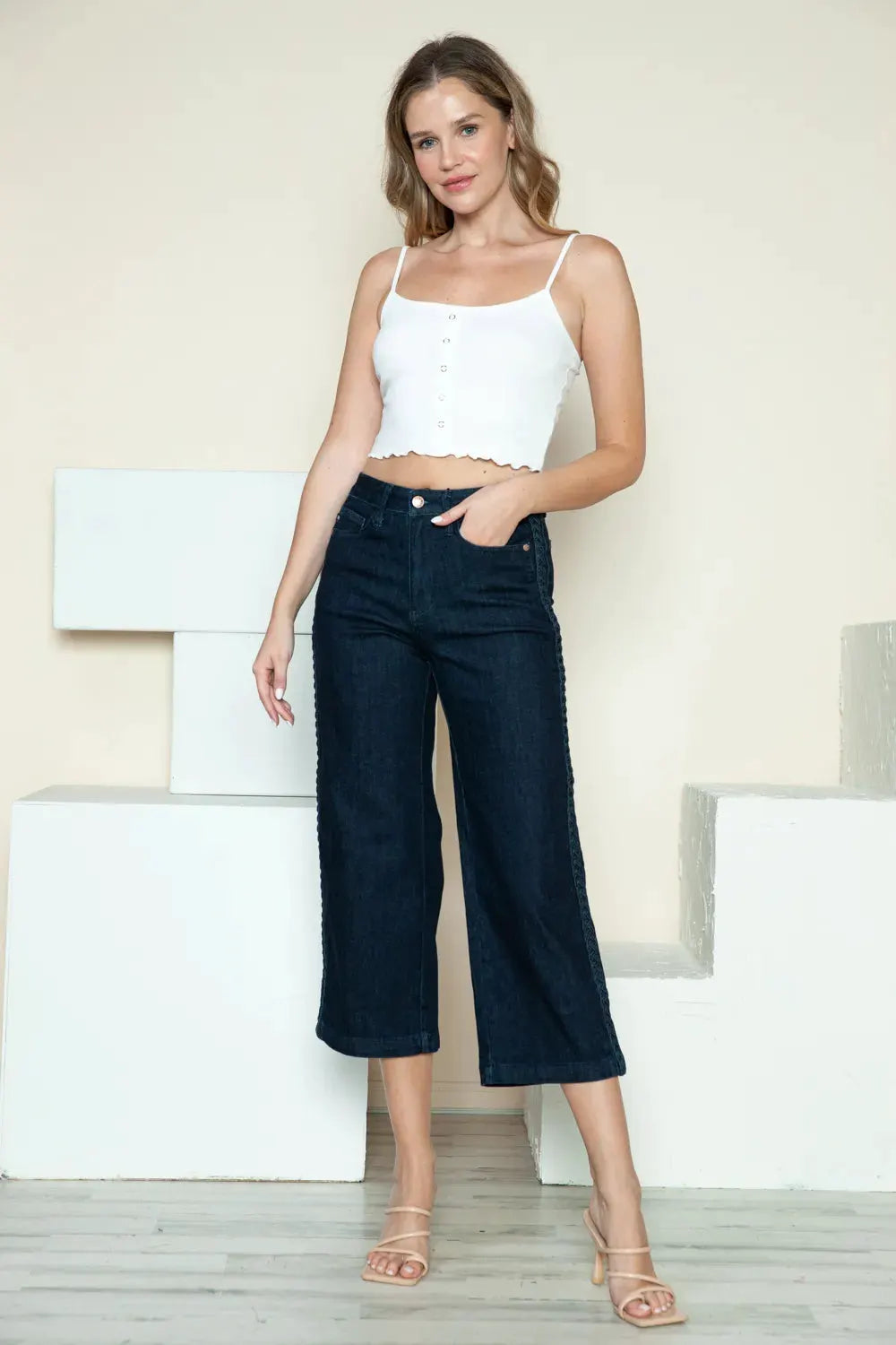 Judy Blue Full Size Side Seam Braid Detail Crop Wide Leg Jeans by Judy Blue