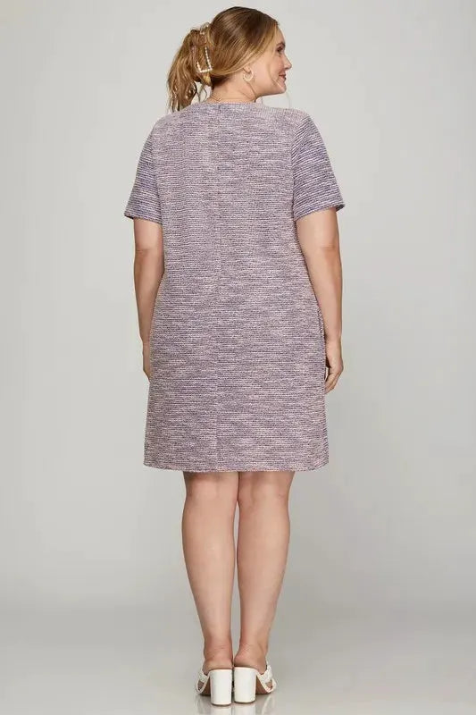 She + Sky Full Size Short Sleeve Pearl Studded Trim Knit Tweed Dress Plus Size by She + Sky