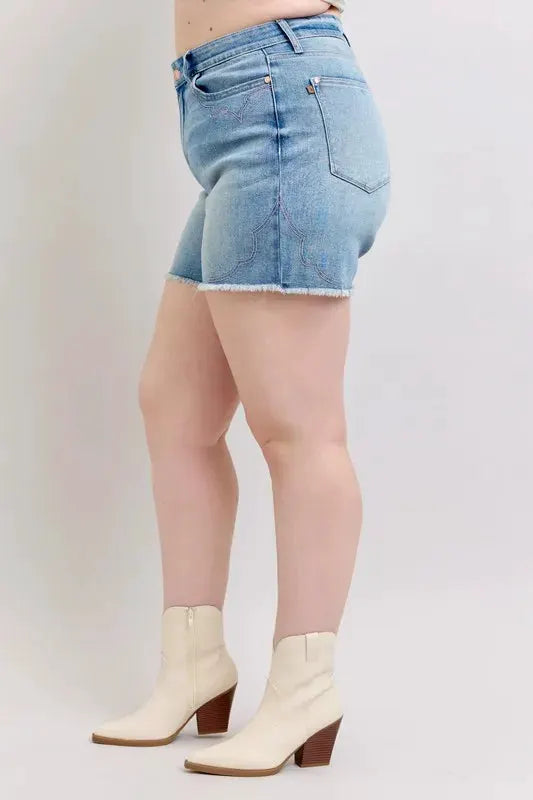 Judy Blue Full Size High Waist Western Embroidery Detail Cut Off Denim Shorts Plus Size by Judy Blue