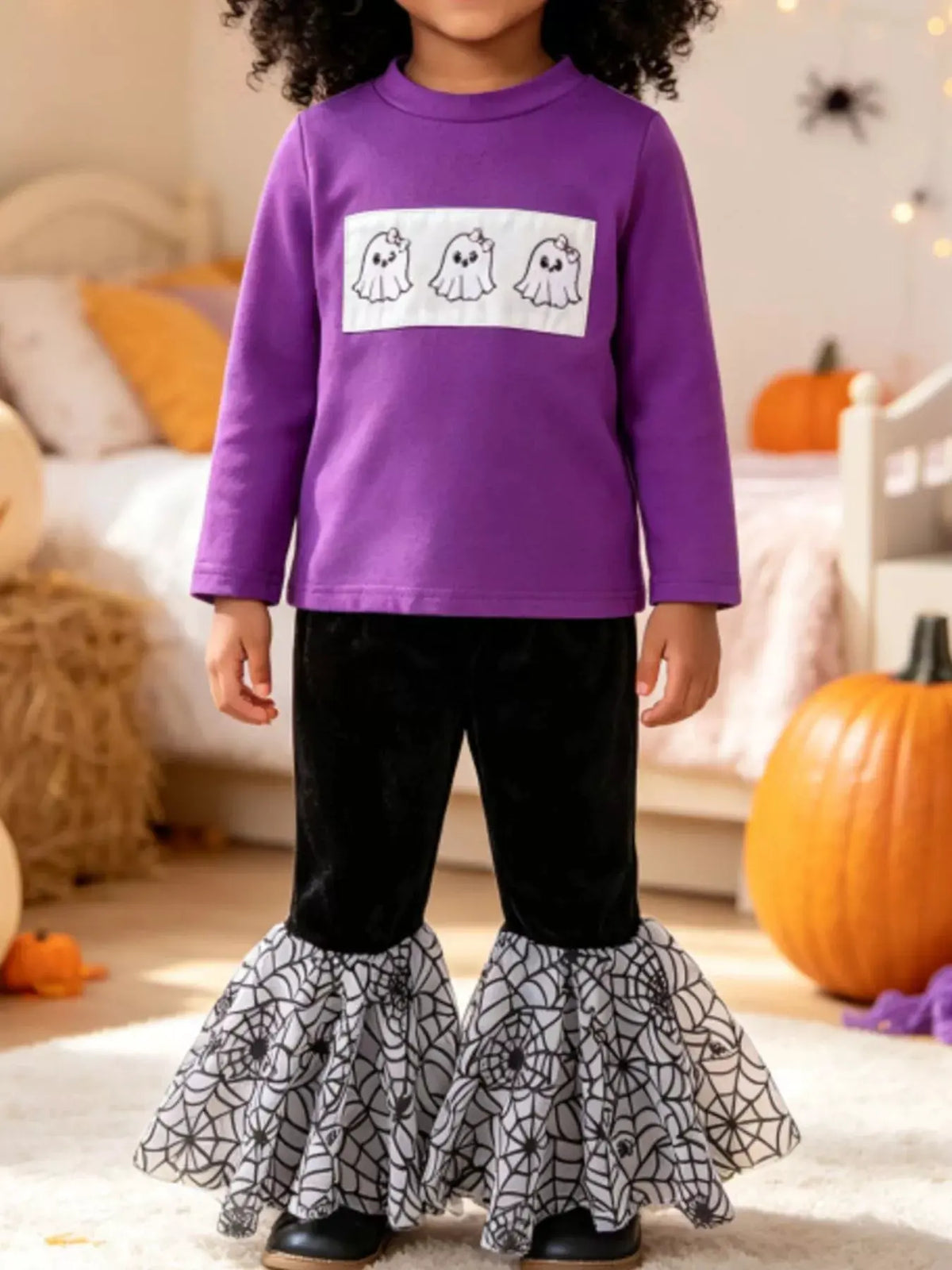 Children's Halloween Pumpkin Long Sleeve Top and Spiderweb Bell Bottom Set by Trendsi