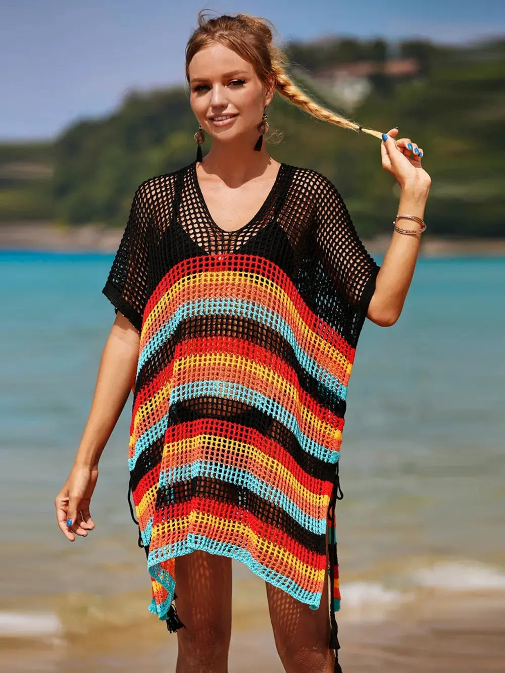 Angel Wings Cutout Striped Cover-Up with Tassel by Partner Labels