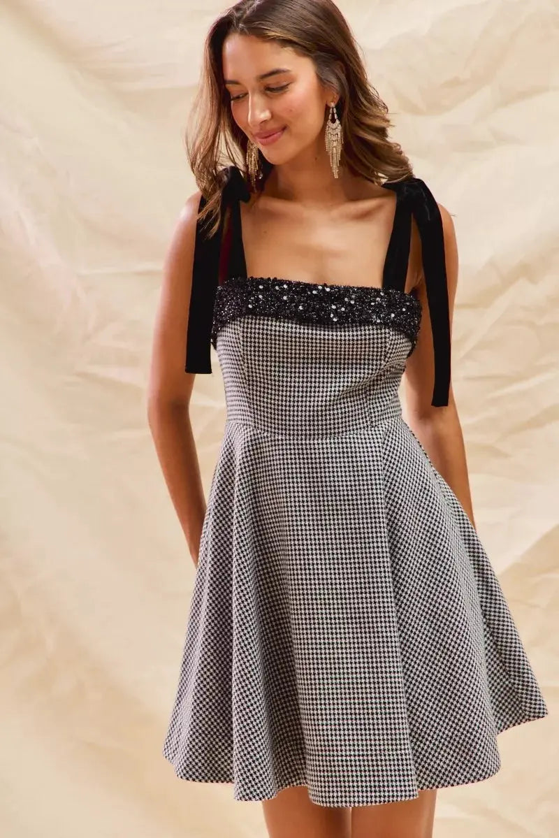 SO ME Houndstooth Fit Flare Mini Dress with Shoulder Tie by SO ME