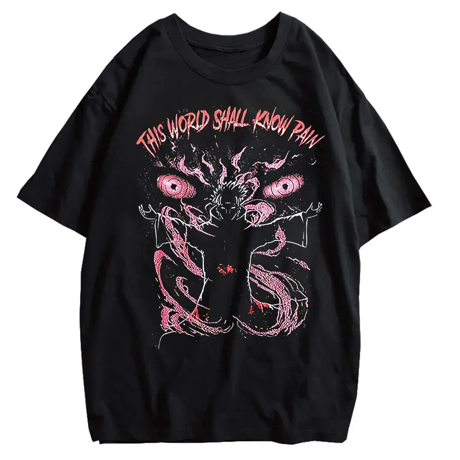 Anime Pain Print Vintage Washed T-Shirt 100% Cotton Harajuku Streetwear by Vimost Shop