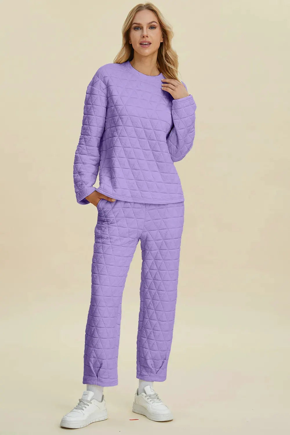 Double Take Full Size Texture Round Neck Long Sleeve Top and Pants Set by Double Take