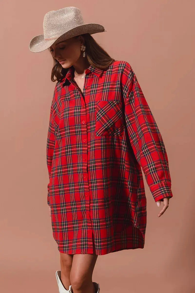 SO ME Christmas Checker Plaid Button Up Shirt Dress by SO ME