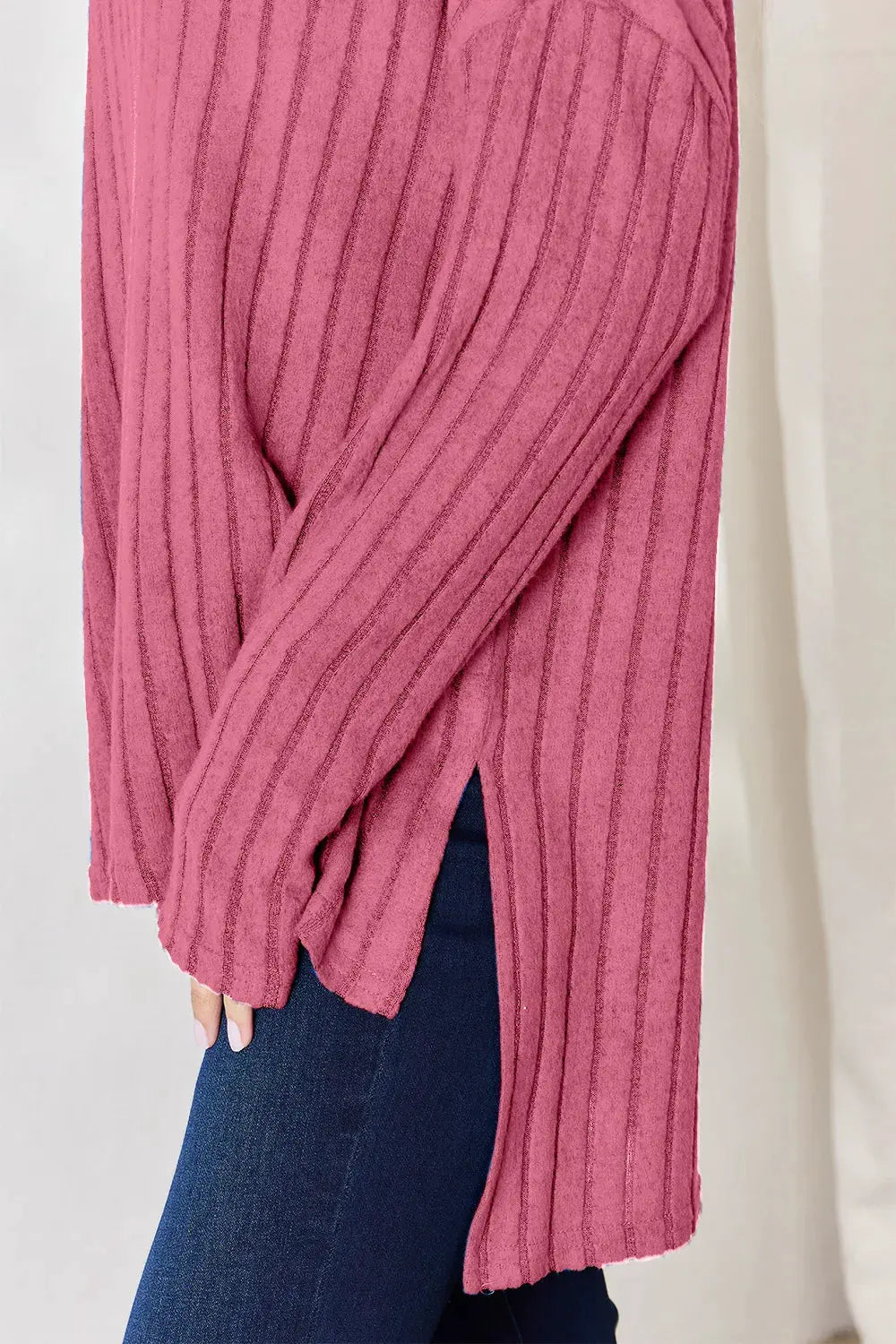 Basic Bae Full Size Ribbed Half Button Long Sleeve High-Low T-Shirt by Basic Bae