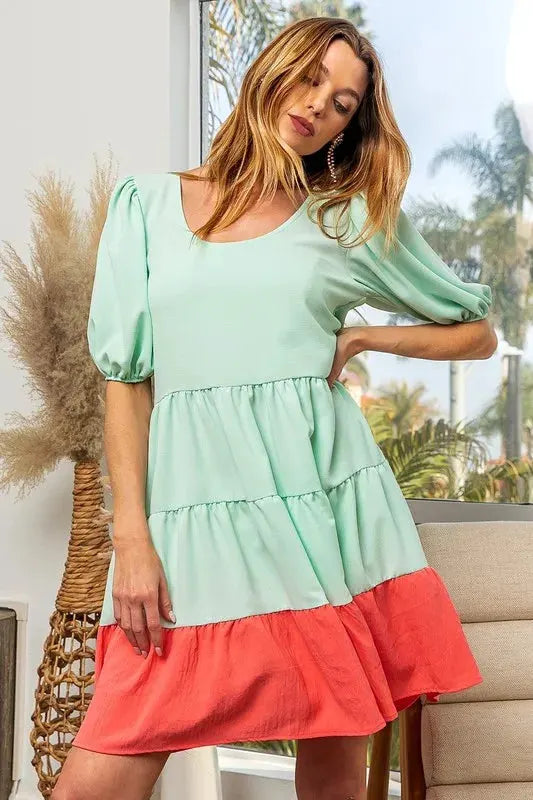 BiBi Two-Tone Balloon Sleeves U Neck Tiered Ruffle Hem Mini Dress by BiBi