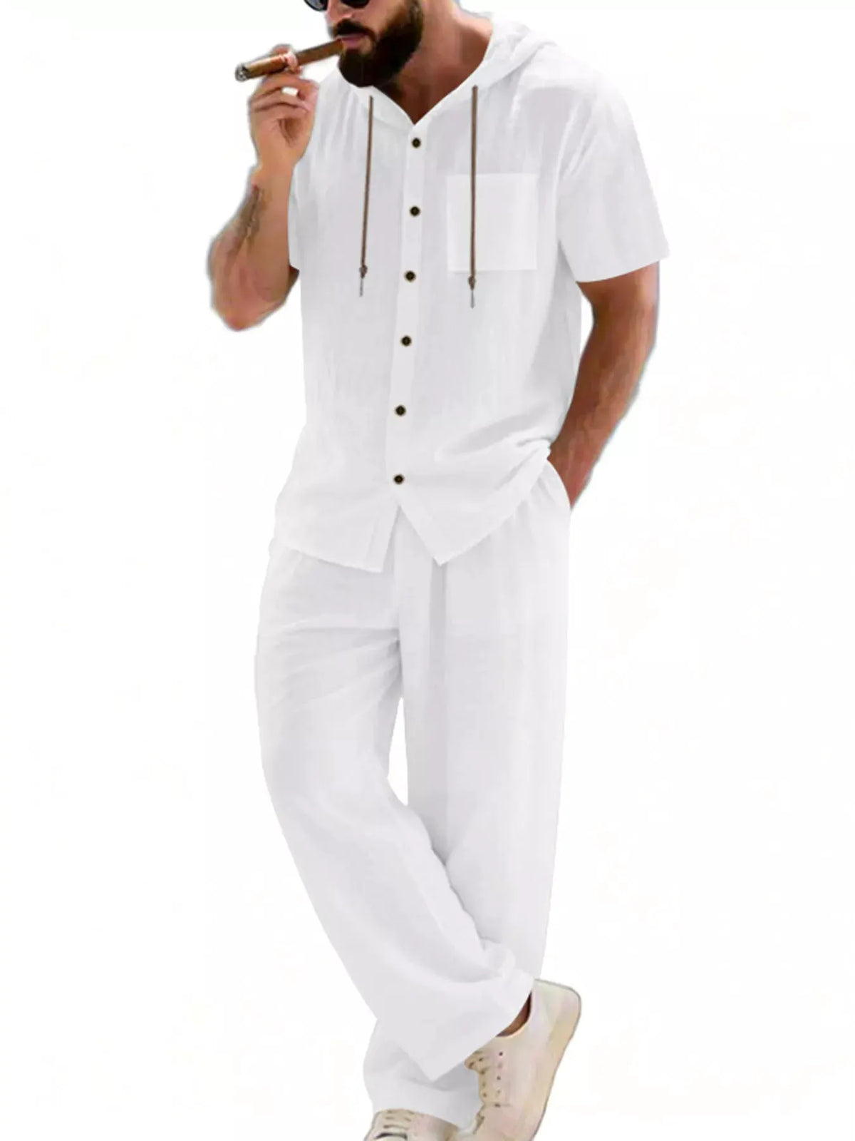 Men's Full Size Casual Hooded Short Sleeve Shirt and Pants Two-Piece Set Plus Size by Trendsi