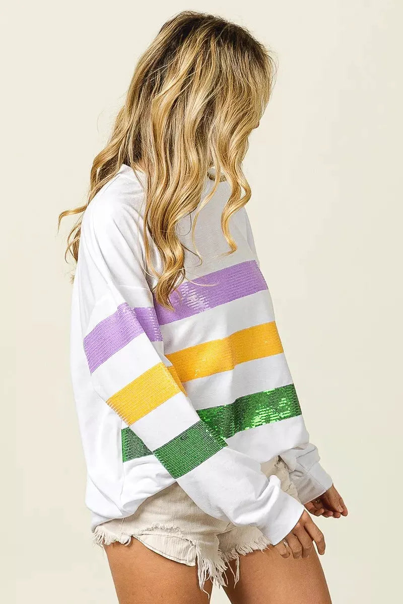 BiBi Sequin Mardi Gras Striped Round Neck Sweatshirt by BiBi