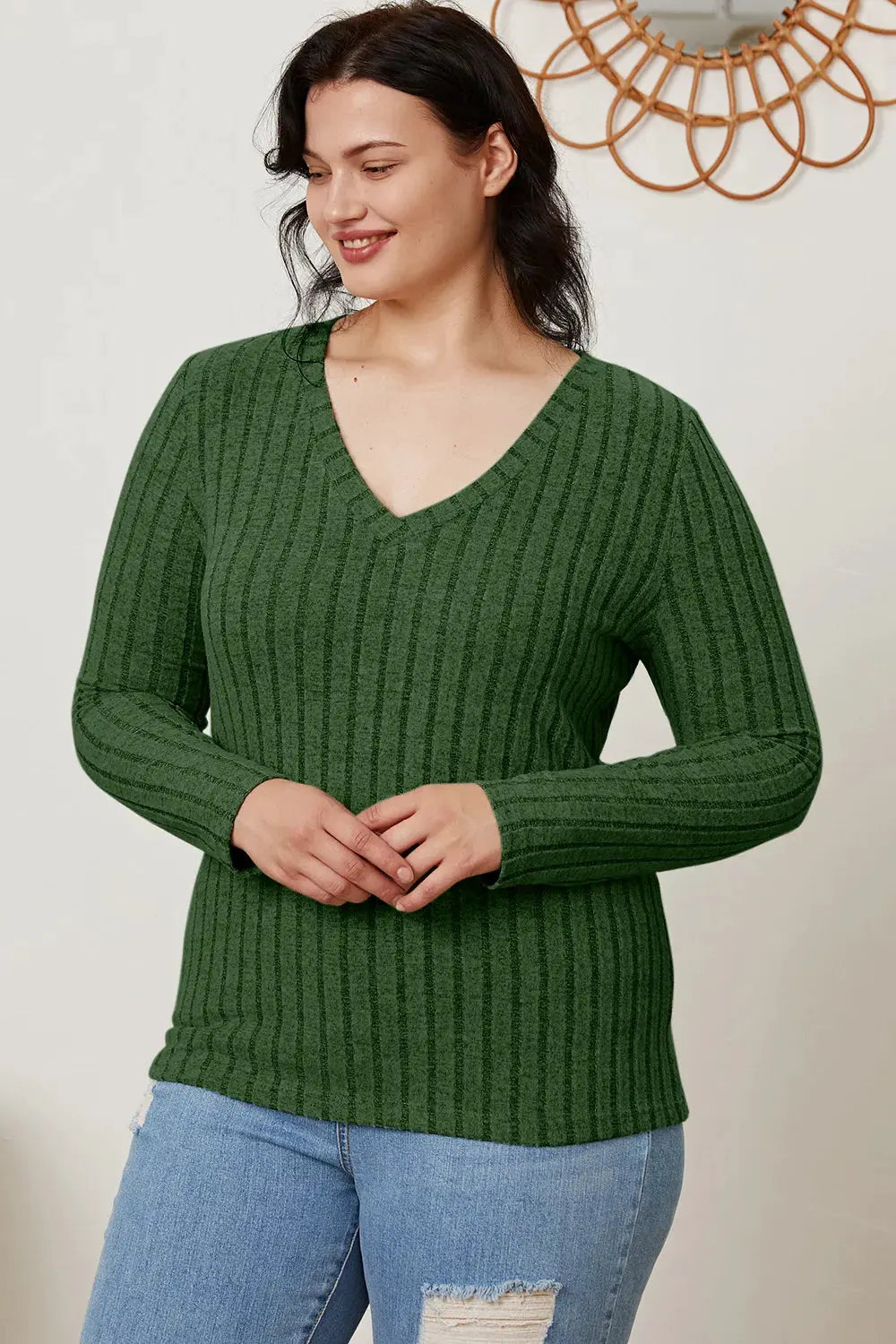 Full Size Ribbed V‑Neck Long Sleeve T‑Shirt | Partner Labels Selection by Partner Label