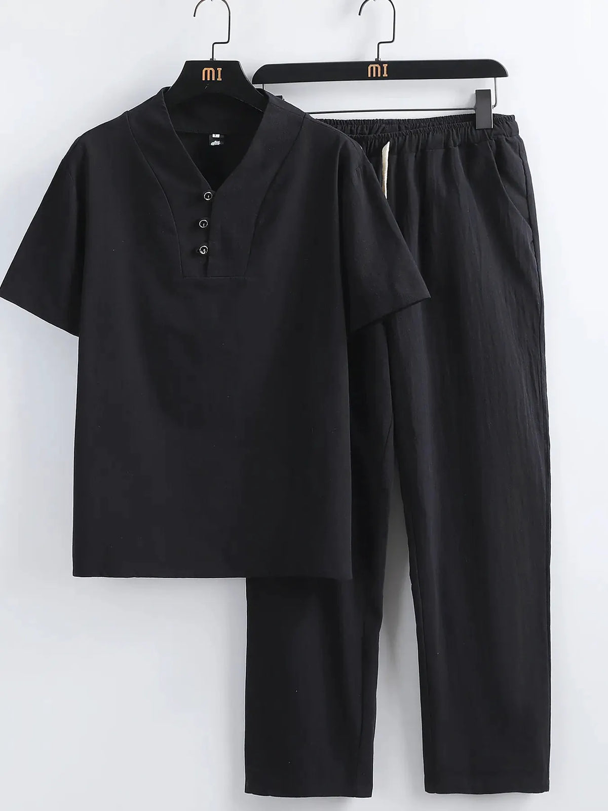 Men's Plus Size V-Neck Short Sleeve Top and Pants Set by Trendsi