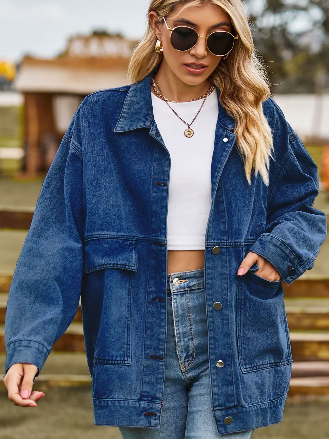 Dropped Shoulder Denim Jacket with Pockets by Partner Label