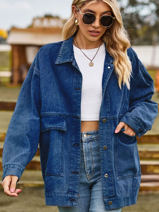 Dropped Shoulder Denim Jacket with Pockets by Partner Label