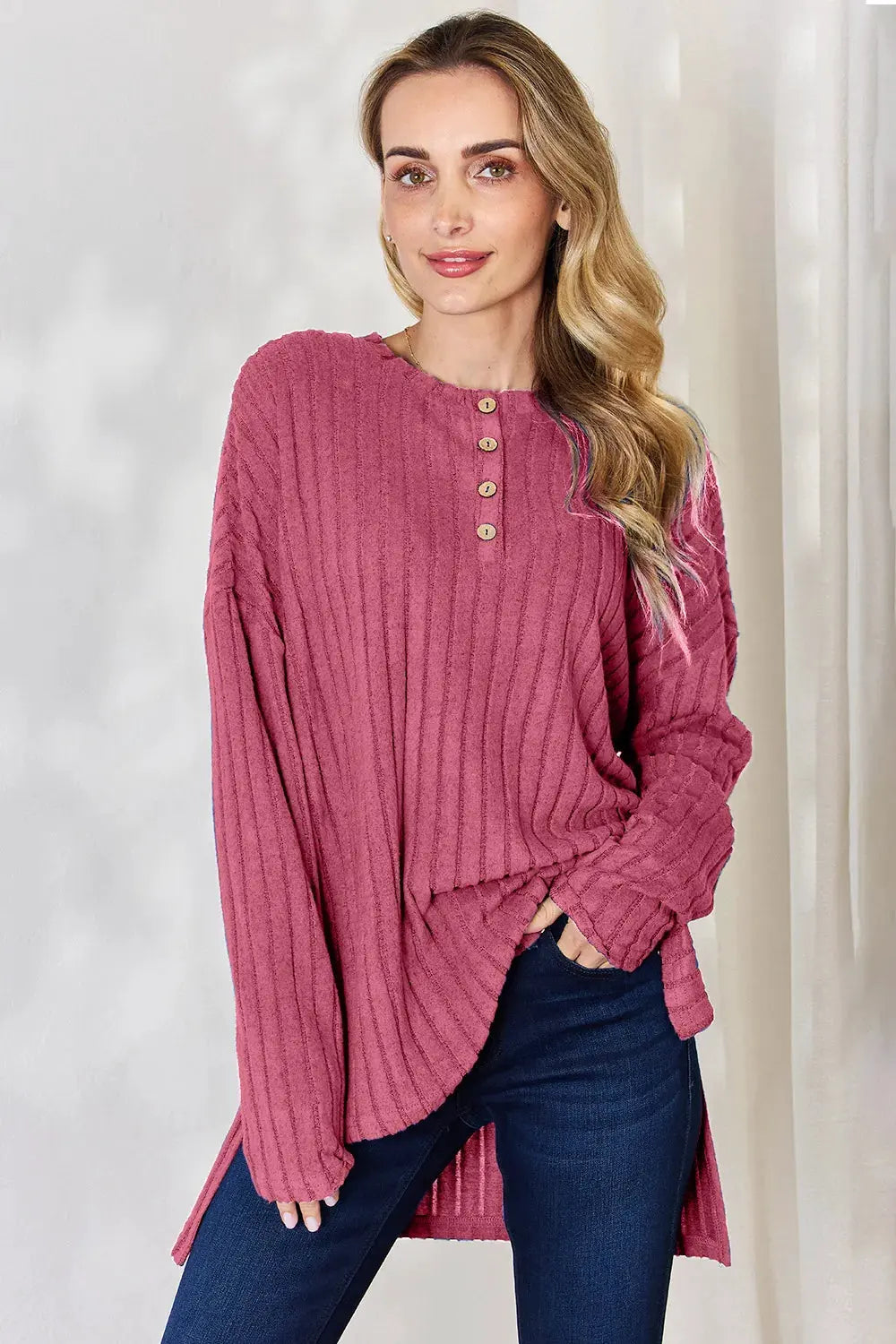 Basic Bae Full Size Ribbed Half Button Long Sleeve High-Low T-Shirt by Basic Bae