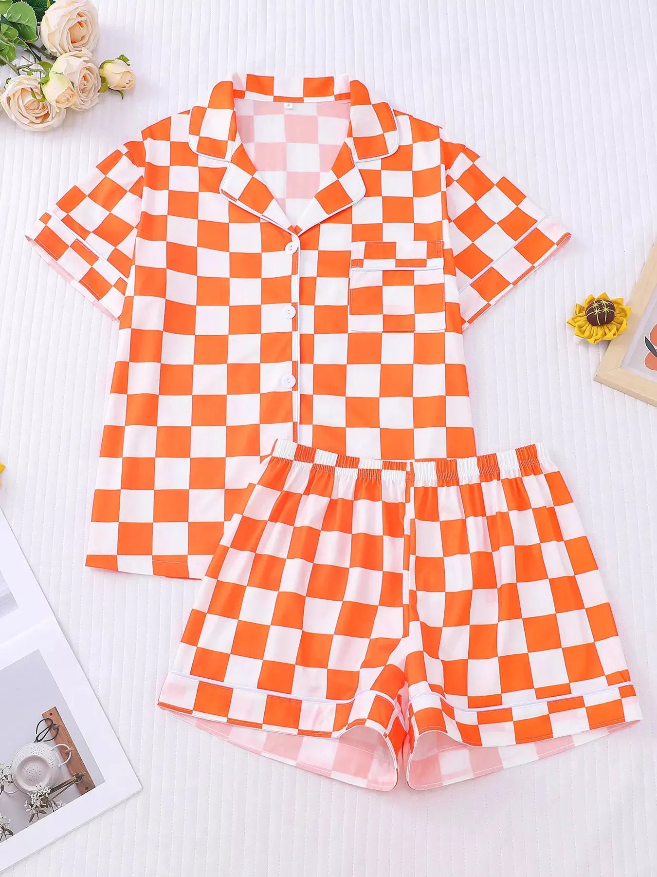 Checkered Print Button Up Top and Shorts Lounge Set by Partner Label