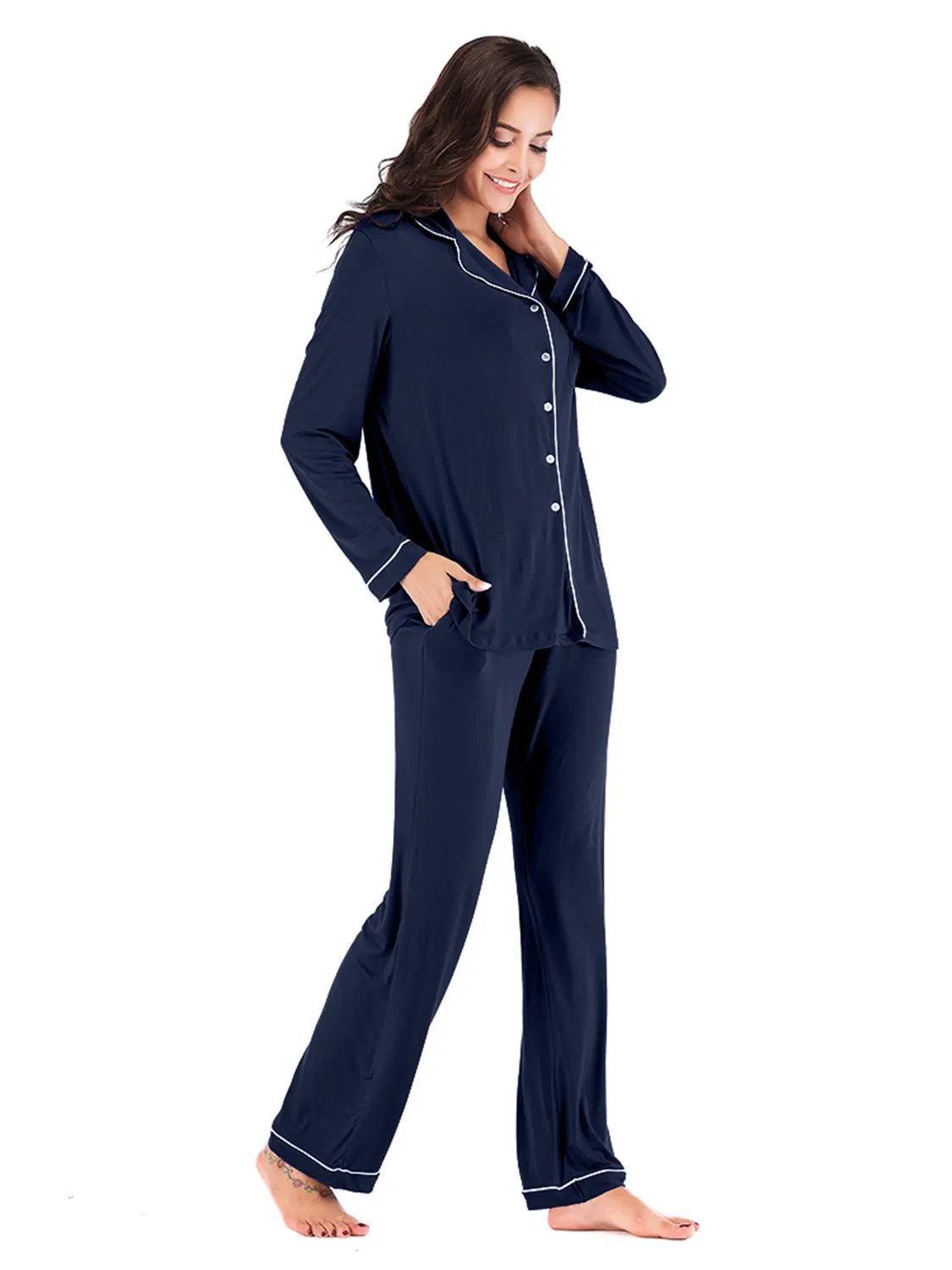 Collared Neck Long Sleeve Loungewear Set with Pockets by Partner Label